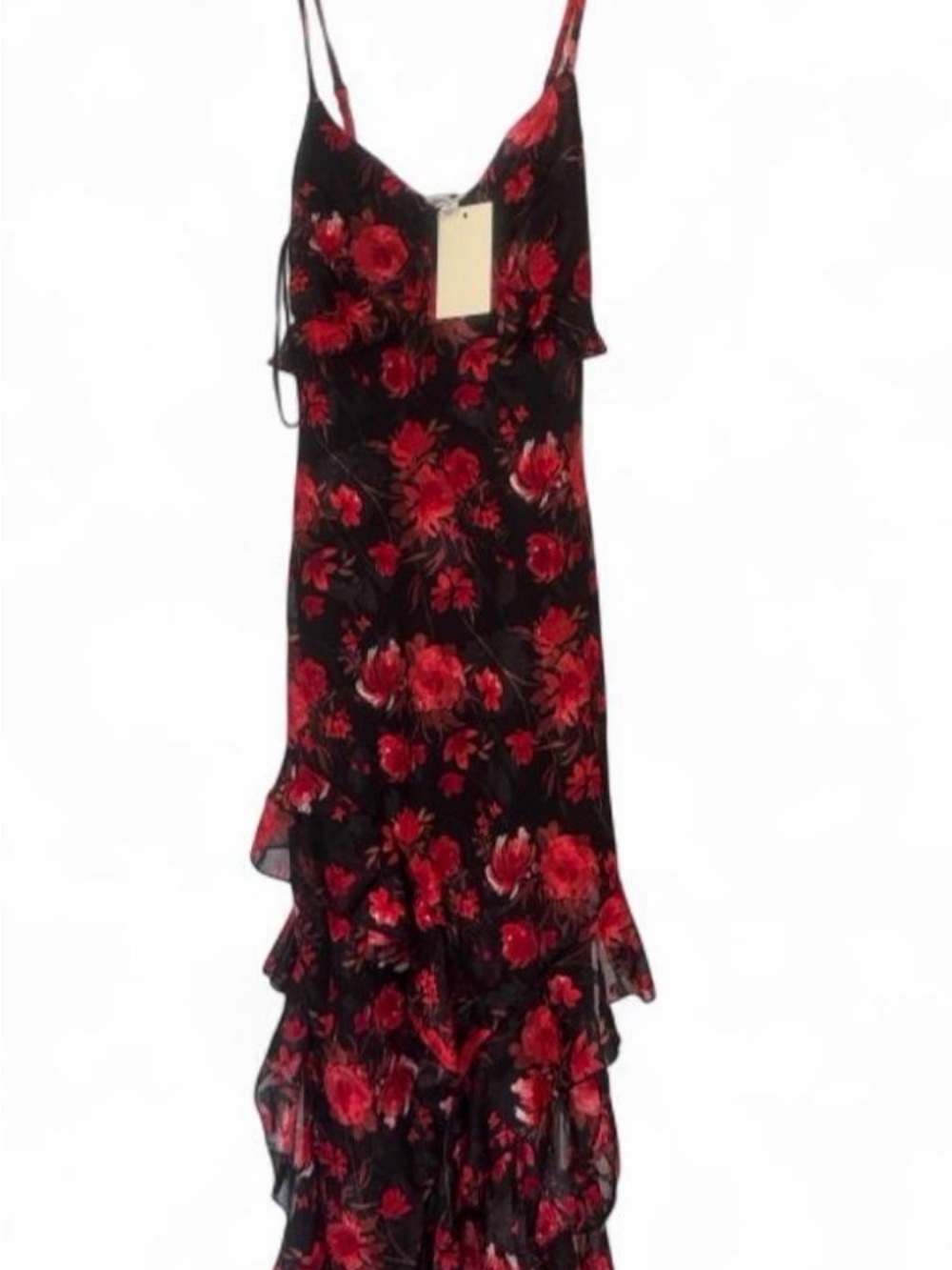 Black Maxi Slip Dress with Red Floral Print